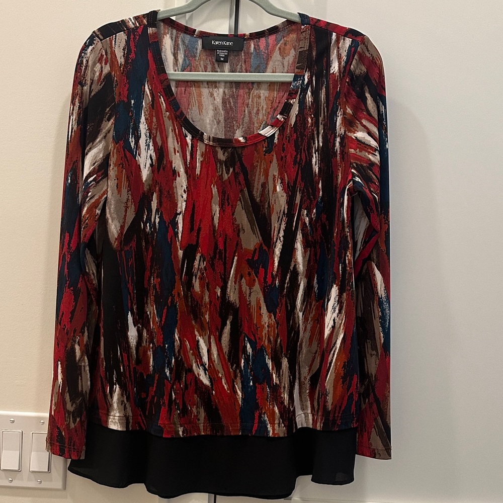 Karen Kane Red, Brown, Navy & Cream Abstract Layered Long Sleeve Tunic